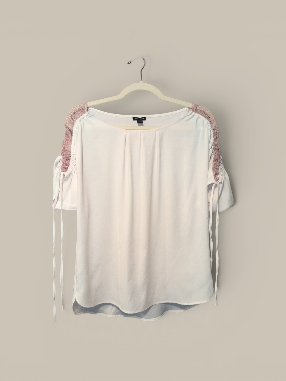 Ann Taylor 100% Silk & Cotton Blouse with Tan Crochet Shoulder Accents